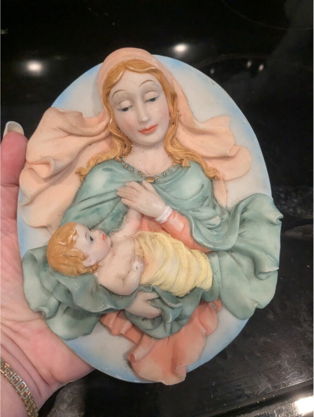 Mary & Baby Jesus Madonna 3D HANDPAINTED Heavy Resin Plaque VINTAGE